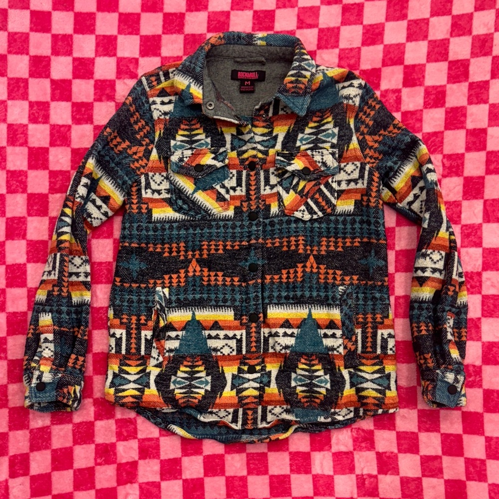 Rock & Roll Denim Colorful Pattern Button Down Shirt